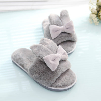 2024 indoor floor slippers - spring/autumn/winter home wear - unisex couple's cute bowknot one-strap fuzzy cotton slippers