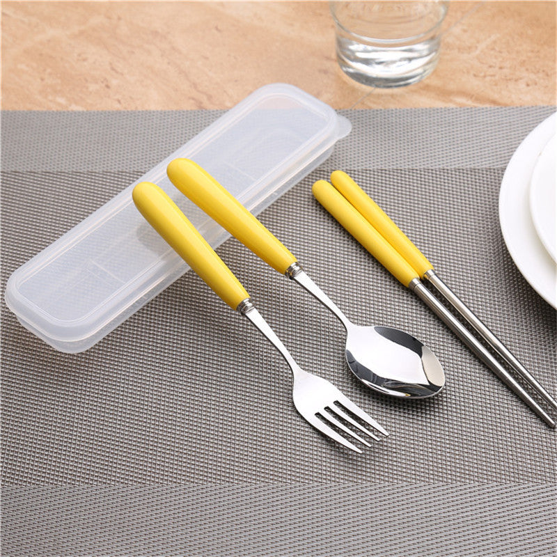 Simple handle anti-scald ceramic travel cutlery set - stainless steel fork, spoon, and chopsticks three-piece student portable utensil set