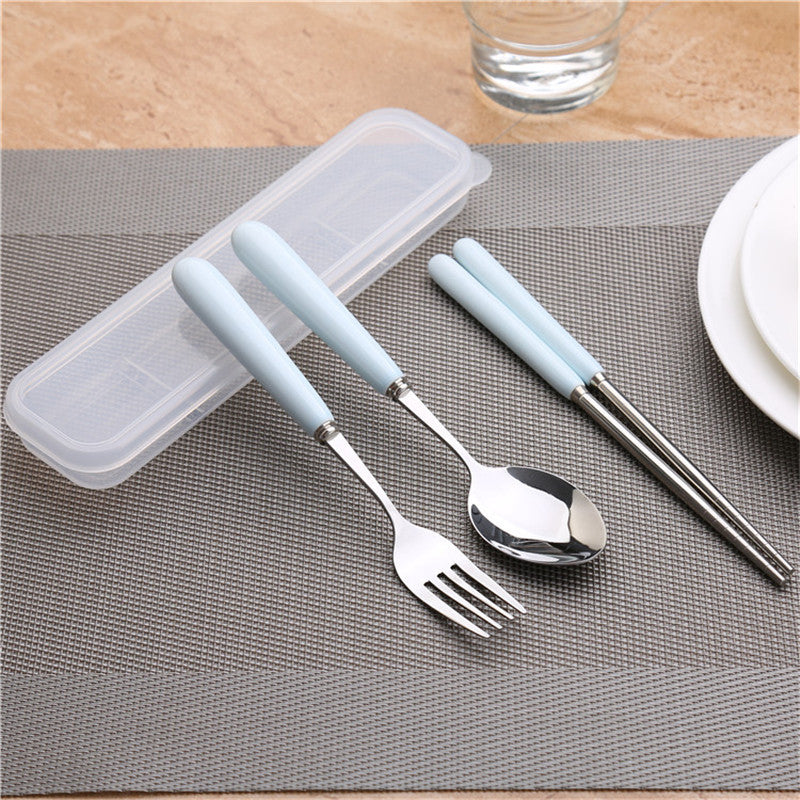 Simple handle anti-scald ceramic travel cutlery set - stainless steel fork, spoon, and chopsticks three-piece student portable utensil set