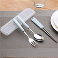 Simple handle anti-scald ceramic travel cutlery set - stainless steel fork, spoon, and chopsticks three-piece student portable utensil set