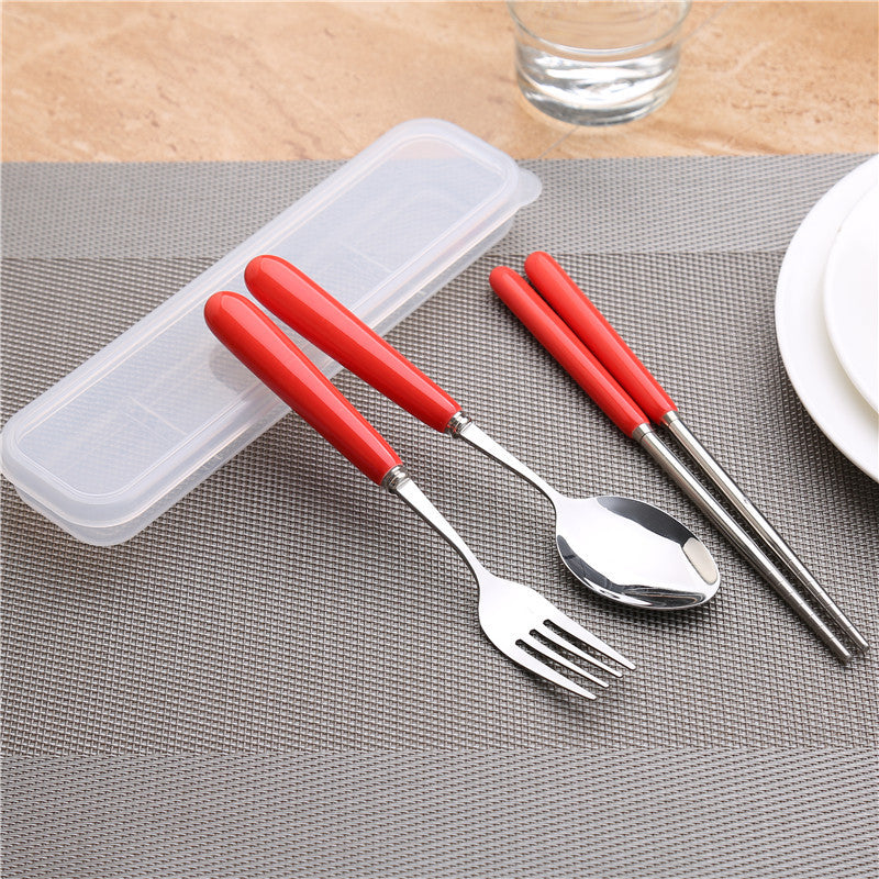 Simple handle anti-scald ceramic travel cutlery set - stainless steel fork, spoon, and chopsticks three-piece student portable utensil set