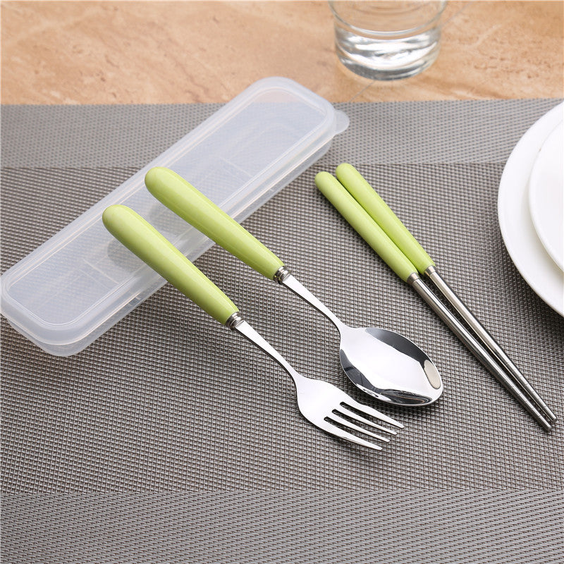 Simple handle anti-scald ceramic travel cutlery set - stainless steel fork, spoon, and chopsticks three-piece student portable utensil set