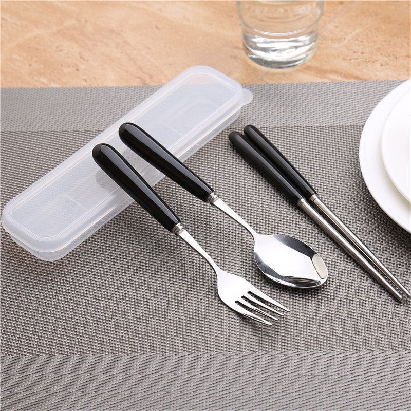 Simple handle anti-scald ceramic travel cutlery set - stainless steel fork, spoon, and chopsticks three-piece student portable utensil set