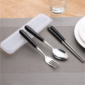 Simple handle anti-scald ceramic travel cutlery set - stainless steel fork, spoon, and chopsticks three-piece student portable utensil set