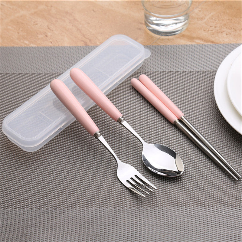 Simple handle anti-scald ceramic travel cutlery set - stainless steel fork, spoon, and chopsticks three-piece student portable utensil set