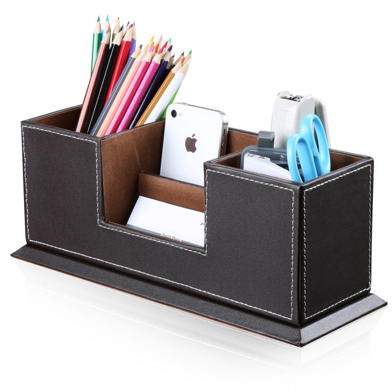 Business office pen holder Multifunctional leather double pen holder Desktop office supply storage box Light luxury storage pen holder