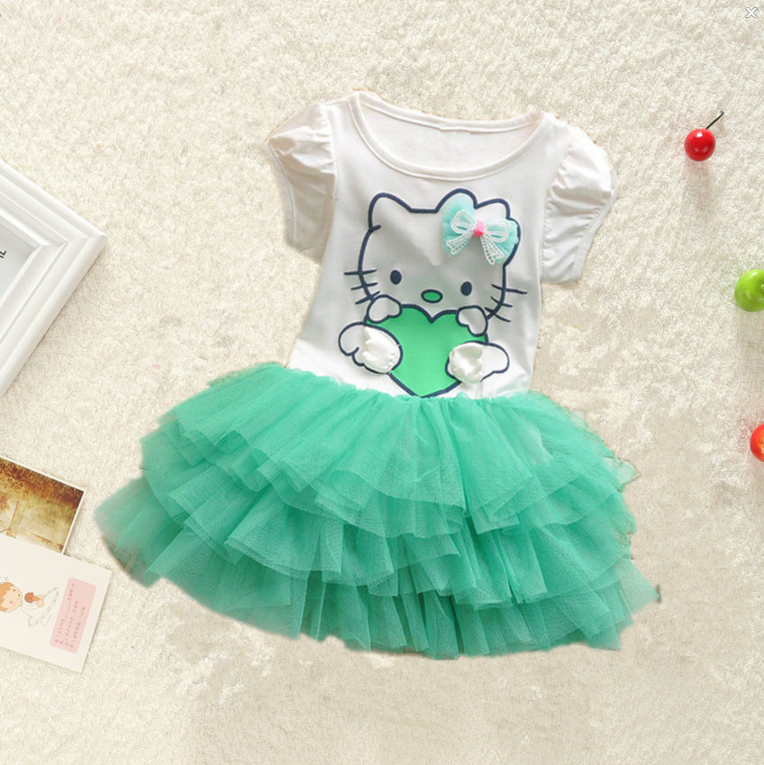 Dropshipping girls' summer dress - cute cat print, fluffy cartoon dress