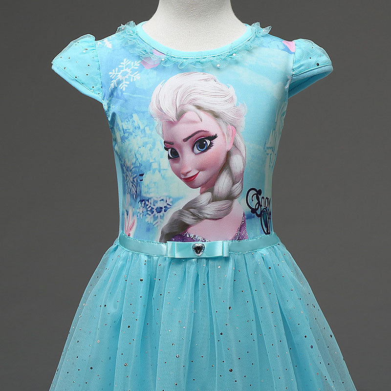 Summer girls' frozen-themed short-sleeve dress - festive gown with fluffy, flowing skirt - dropshipping available