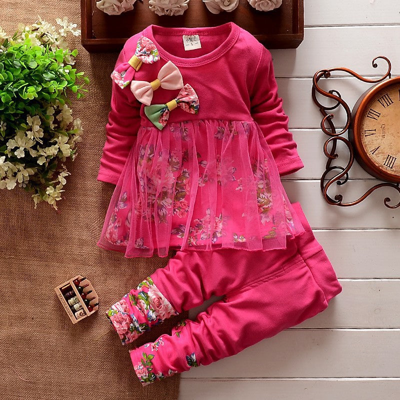 spring/autumn new girls' outfit set: bowknot floral mesh long-sleeve top and pants - dropshipping available