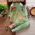 spring/autumn new girls' outfit set: bowknot floral mesh long-sleeve top and pants - dropshipping available