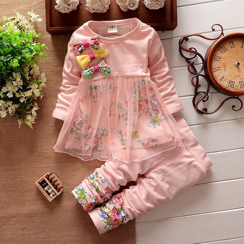 spring/autumn new girls' outfit set: bowknot floral mesh long-sleeve top and pants - dropshipping available