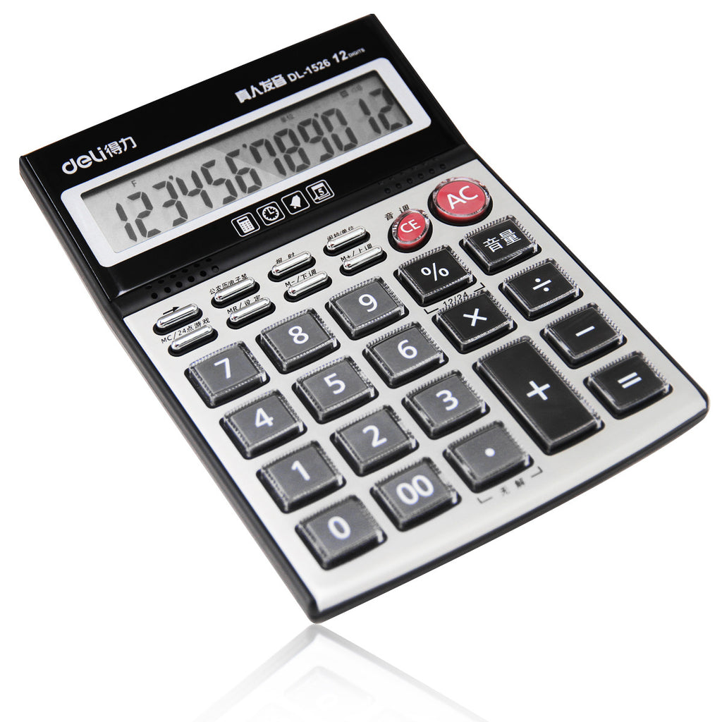 Deli Calculator 1526 Desktop 12-bit Voice Computer Large Screen Crystal Buttons, with Music Alarm