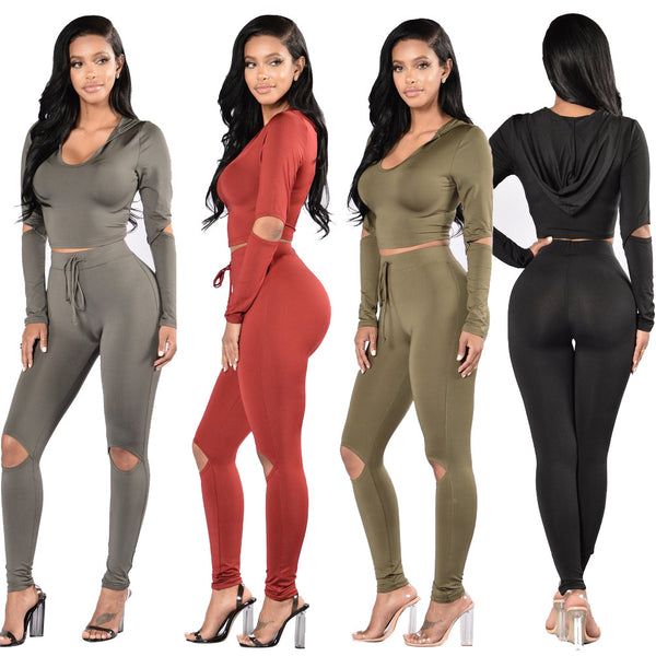 K8130 European and American sexy multi-color hole casual two-piece set, nightclub clothes, sportswear