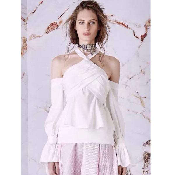 White off-the-shoulder straps, flared sleeves, neck-draped ruffle hem, women's shirt Tops