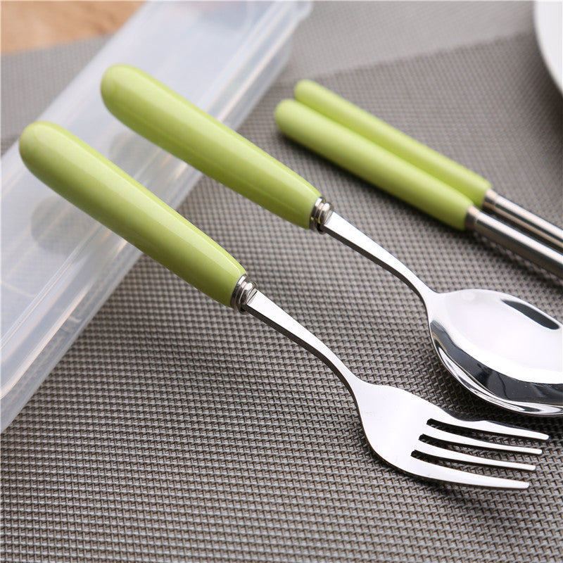 Simple handle anti-scald ceramic travel cutlery set - stainless steel fork, spoon, and chopsticks three-piece student portable utensil set