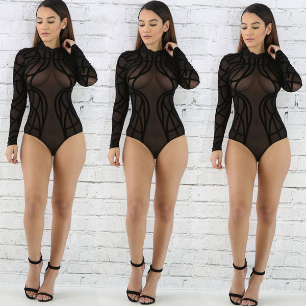 [Out of stock] K8241 sexy European and American black mesh see-through flocking long-sleeved crotch suit
