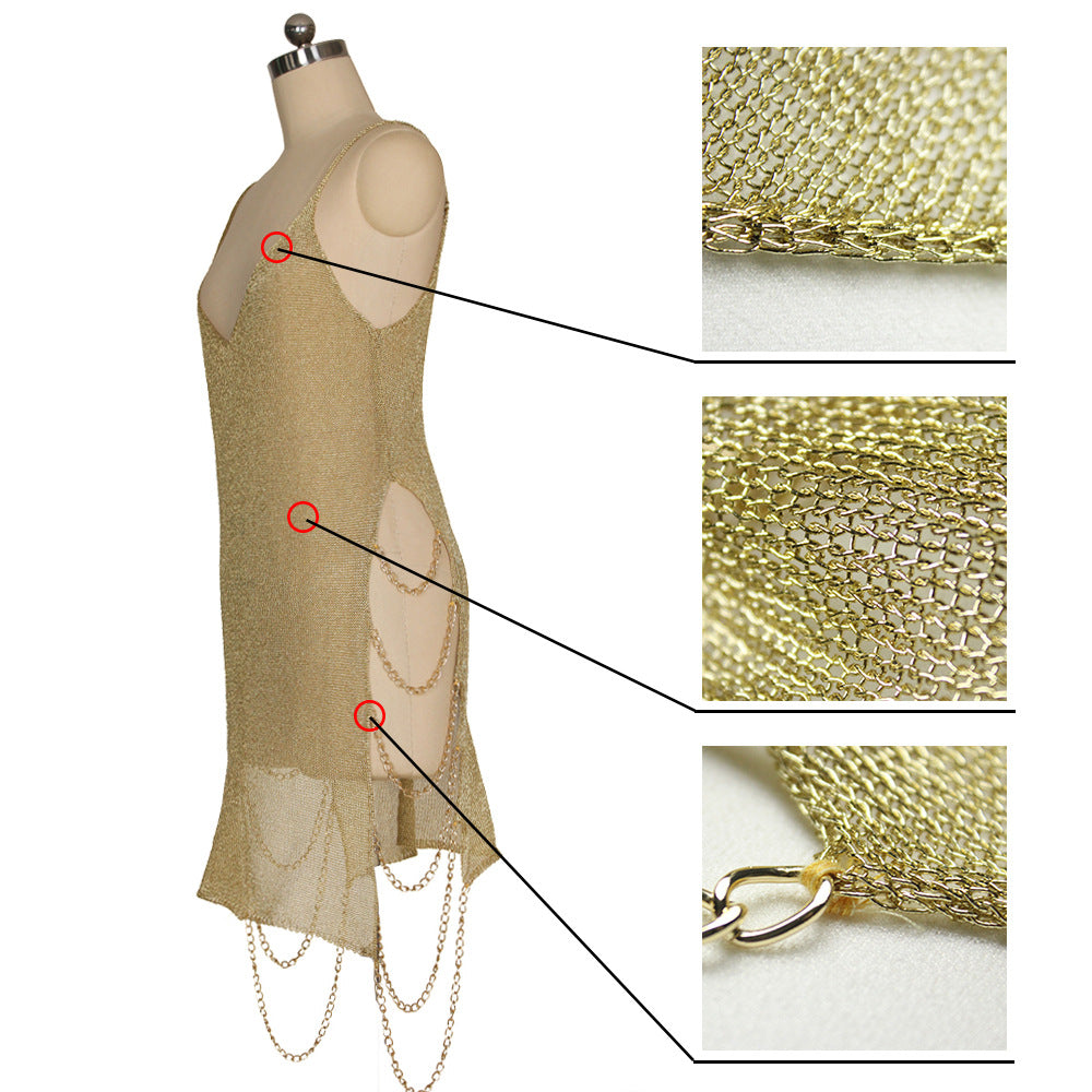 Amazon  hot selling european and american sexy women's gold chain knit dress  beach dress
