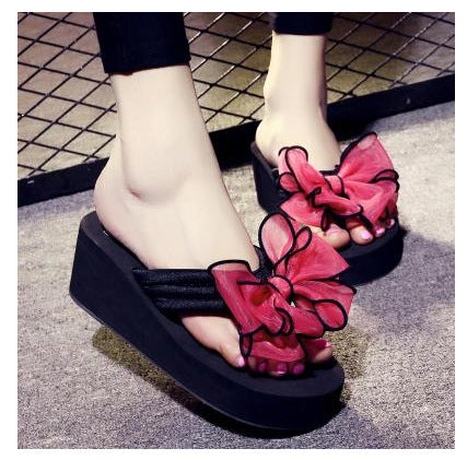 2023 floral women's beach sandals 7cm high heel fashion bow women's 11cm slippers flat comfort