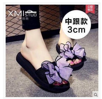 2023 women's bowknot flip-flops summer high heel beach sandals - non-slip, flat, and comfortable for seaside vacations