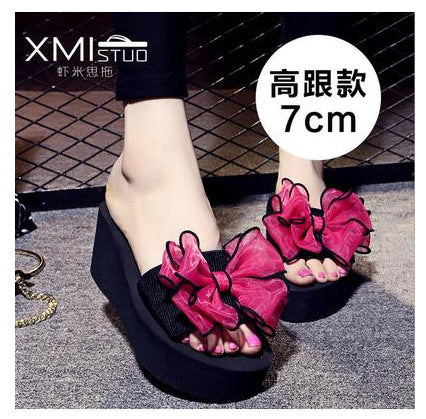 2023 women's bowknot flip-flops summer high heel beach sandals - non-slip, flat, and comfortable for seaside vacations