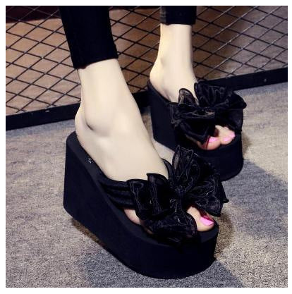 2023 floral women's beach sandals 7cm high heel fashion bow women's 11cm slippers flat comfort