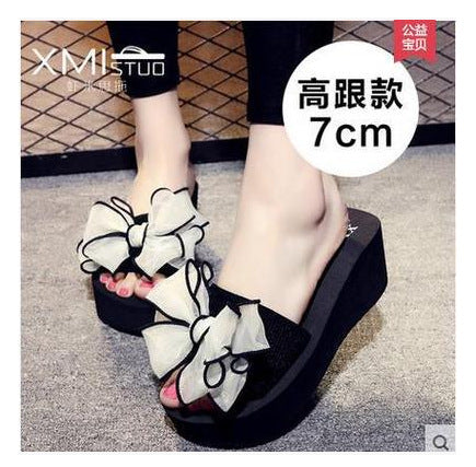 2023 women's bowknot flip-flops summer high heel beach sandals - non-slip, flat, and comfortable for seaside vacations