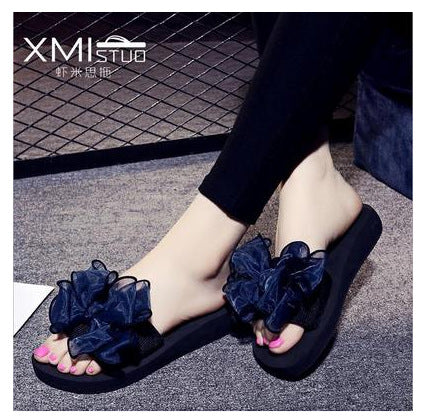2023 women's bowknot flip-flops summer high heel beach sandals - non-slip, flat, and comfortable for seaside vacations