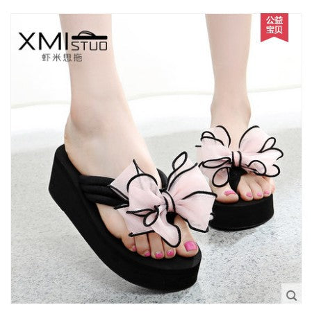 2023 floral women's beach sandals 7cm high heel fashion bow women's 11cm slippers flat comfort