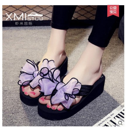 2023 floral women's beach sandals 7cm high heel fashion bow women's 11cm slippers flat comfort