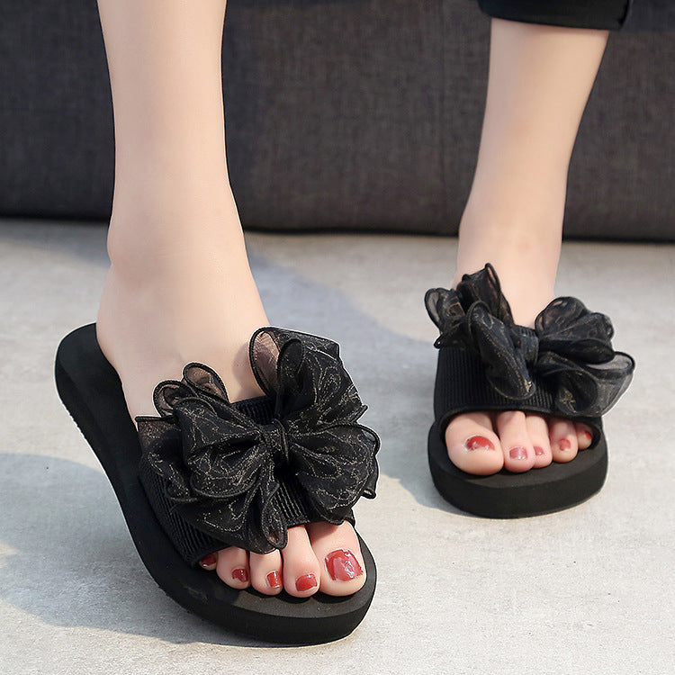 Shining joy new mid-heel thong sandals - non-slip, wear-resistant, thick-soled, bowknot beach thongs - summer comfortable women's sandals