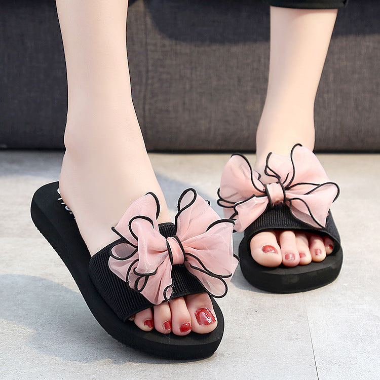 Shining joy new mid-heel thong sandals - non-slip, wear-resistant, thick-soled, bowknot beach thongs - summer comfortable women's sandals