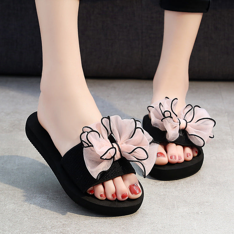Shining joy new mid-heel thong sandals - non-slip, wear-resistant, thick-soled, bowknot beach thongs - summer comfortable women's sandals
