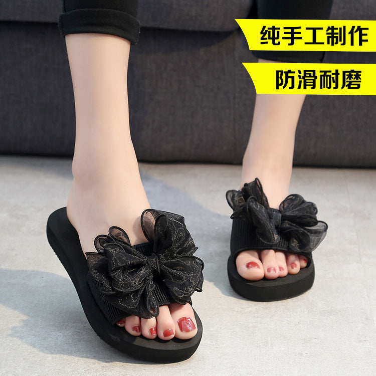 Shining joy new mid-heel thong sandals - non-slip, wear-resistant, thick-soled, bowknot beach thongs - summer comfortable women's sandals