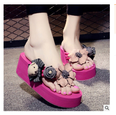 2025 spring/summer new women's beach sandals - ultra high heel, floral design with bear embellishment, fashionable outerwear flip-flops with woven straps