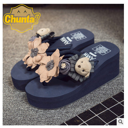 2025 spring/summer new women's beach sandals - ultra high heel, floral design with bear embellishment, fashionable outerwear flip-flops with woven straps