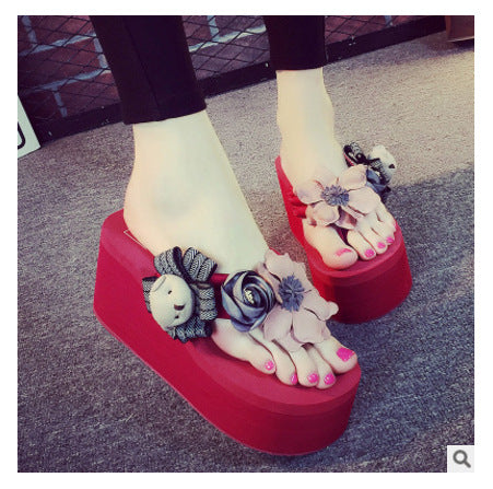 2025 spring/summer new women's beach sandals - ultra high heel, floral design with bear embellishment, fashionable outerwear flip-flops with woven straps