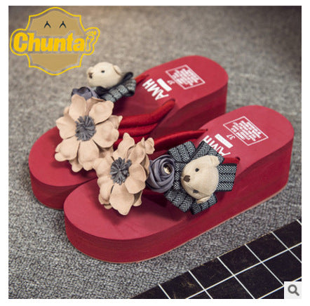 2025 spring/summer new women's beach sandals - ultra high heel, floral design with bear embellishment, fashionable outerwear flip-flops with woven straps