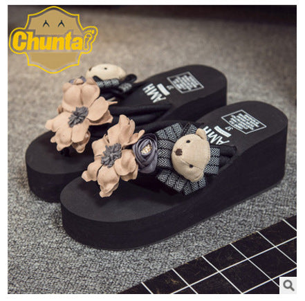 2025 spring/summer new women's beach sandals - ultra high heel, floral design with bear embellishment, fashionable outerwear flip-flops with woven straps