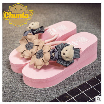 2025 spring/summer new women's beach sandals - ultra high heel, floral design with bear embellishment, fashionable outerwear flip-flops with woven straps