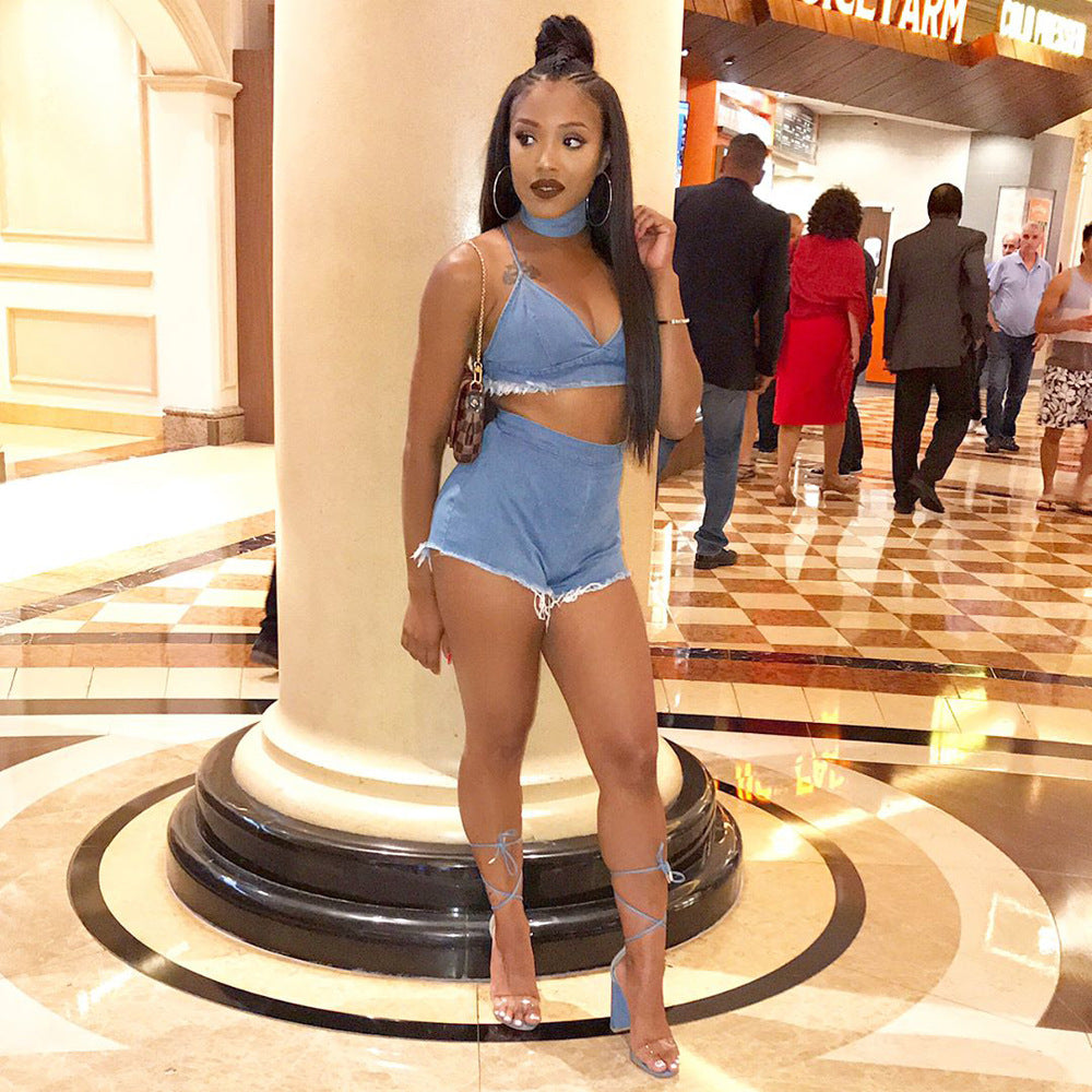 S3207-1 Cross-border European and American women's clothing wholesale autumn new product light blue denim white suspender two pieces