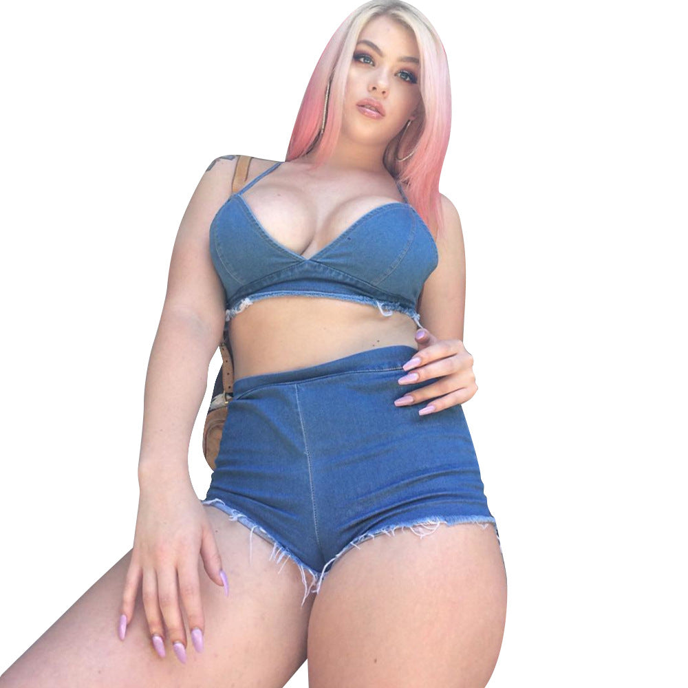 S3207-1 Cross-border European and American women's clothing wholesale autumn new product light blue denim white suspender two pieces