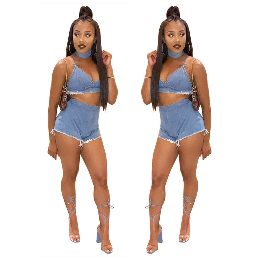 S3207-1 Cross-border European and American women's clothing wholesale autumn new product light blue denim white suspender two pieces