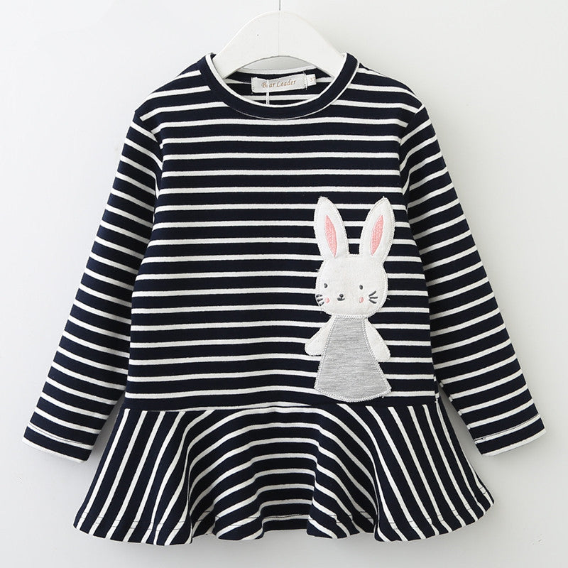 European and american spring new arrivals: girls' cotton striped dress with bunny appliqué embroidery, long sleeve children's clothing wholesale