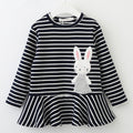 European and american spring new arrivals: girls' cotton striped dress with bunny appliqué embroidery, long sleeve children's clothing wholesale
