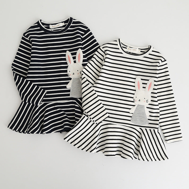 European and american spring new arrivals: girls' cotton striped dress with bunny appliqué embroidery, long sleeve children's clothing wholesale