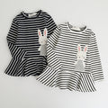 European and american spring new arrivals: girls' cotton striped dress with bunny appliqué embroidery, long sleeve children's clothing wholesale