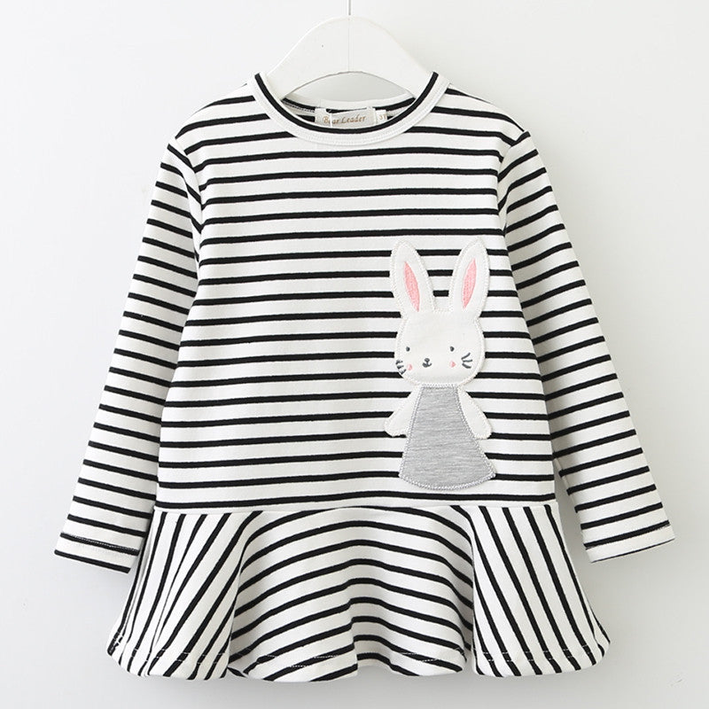 European and american spring new arrivals: girls' cotton striped dress with bunny appliqué embroidery, long sleeve children's clothing wholesale