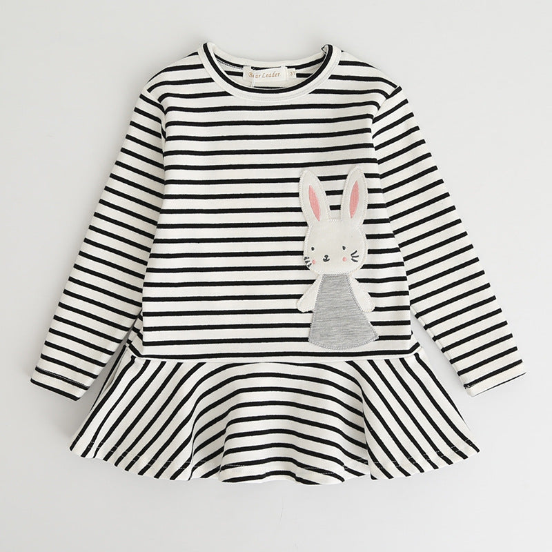 European and american spring new arrivals: girls' cotton striped dress with bunny appliqué embroidery, long sleeve children's clothing wholesale