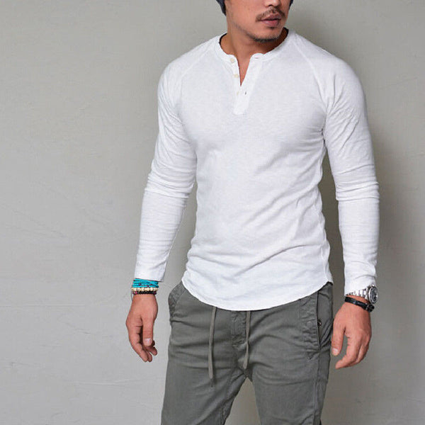 2017  eBay Popular Autumn and Winter Crew Neck Solid Color Button Long Sleeve Long Sleeve T-Shirt Men's T Trend