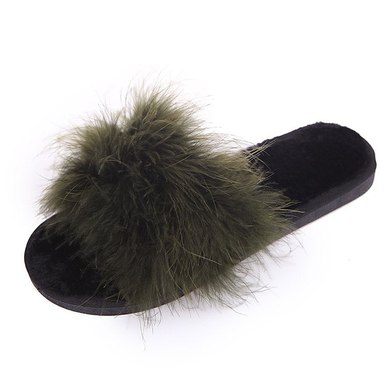 Factory direct wholesale 2025 new korean style fuzzy slippers - open toe ostrich feather flat one-strap indoor/outdoor women's slippers